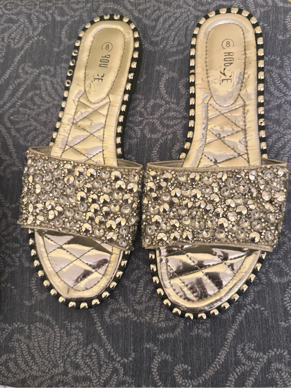 Embellished Metallic Slide Sandals - Silver